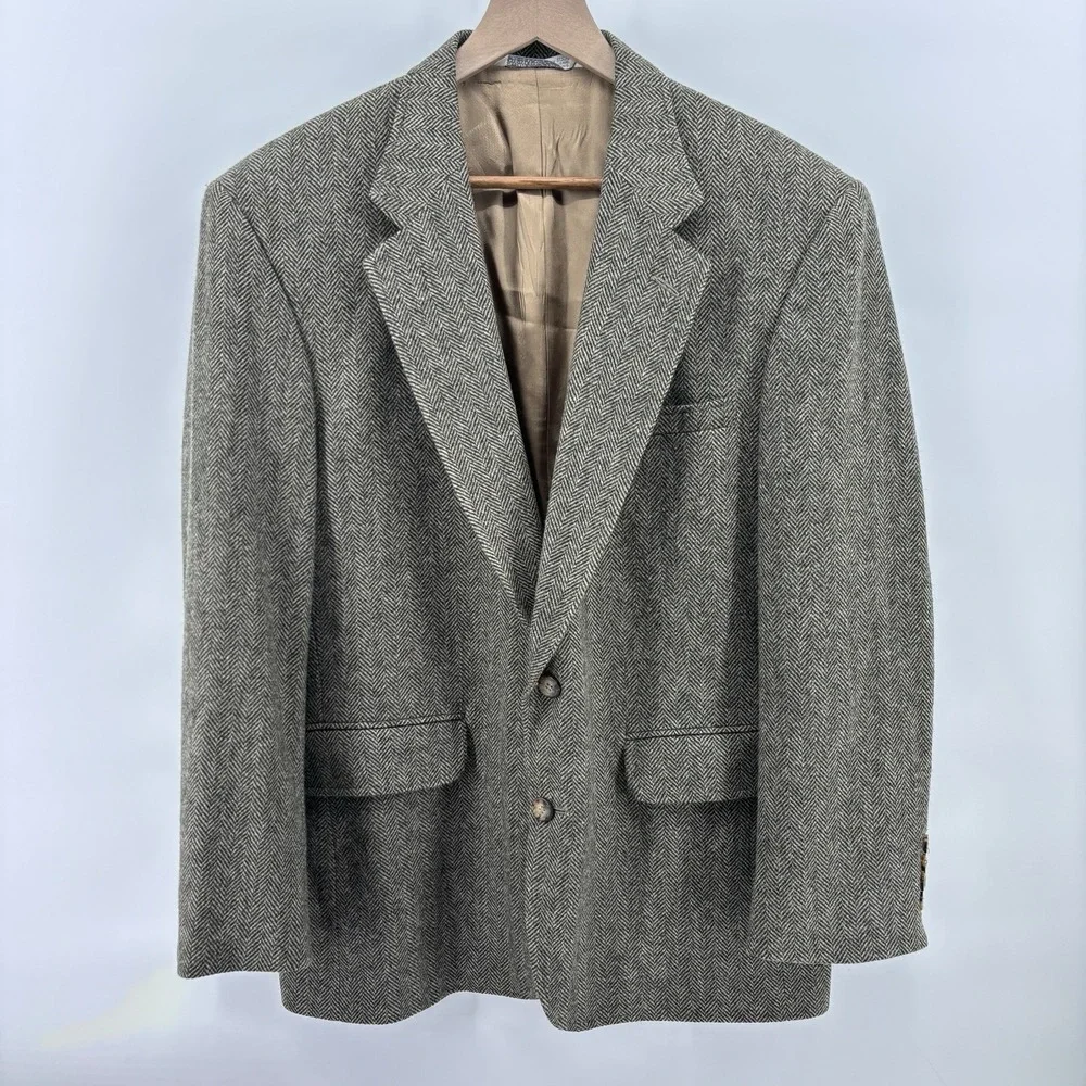 Lands End Sport Coat Blazer Mens 40R Brown Lambs Wool Herringbone Two Button